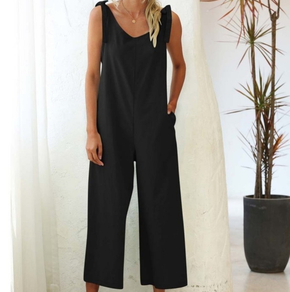 Black Tie Strap Sleeveless Wide Leg Jumpsuit - Picture 2 of 5